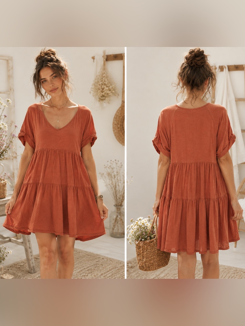 For The Republic Rust Tiered Short Sleeve Babydoll Boho Cottagecore Dress Sz 1X